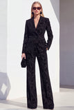 Black 2 Piece Floral Wide Leg Peak Lapel Women Suits with Pocket