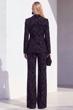 Black 2 Piece Floral Wide Leg Peak Lapel Women Suits with Pocket