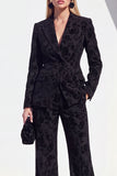 Black 2 Piece Floral Wide Leg Peak Lapel Women Suits with Pocket