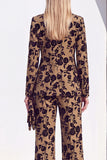 Black 2 Piece Floral Wide Leg Peak Lapel Women Suits with Pocket