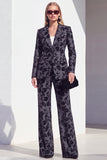 Black 2 Piece Floral Wide Leg Peak Lapel Women Suits with Pocket