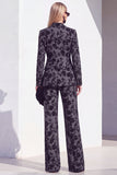 Black 2 Piece Floral Wide Leg Peak Lapel Women Suits with Pocket