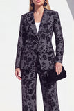 Black 2 Piece Floral Wide Leg Peak Lapel Women Suits with Pocket