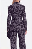Black 2 Piece Floral Wide Leg Peak Lapel Women Suits with Pocket