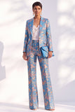 Blue Floral Jacquard Peak Lapel Women Suits with Sleeves
