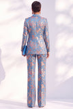 Blue Floral Jacquard Peak Lapel Women Suits with Sleeves