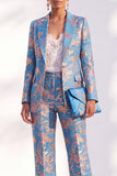 Blue Floral Jacquard Peak Lapel Women Suits with Sleeves