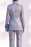Blue Floral Jacquard Peak Lapel Women Suits with Sleeves
