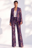 Blue Floral Jacquard Peak Lapel Women Suits with Sleeves
