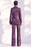 Blue Floral Jacquard Peak Lapel Women Suits with Sleeves