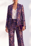 Blue Floral Jacquard Peak Lapel Women Suits with Sleeves