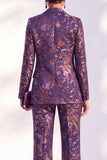Blue Floral Jacquard Peak Lapel Women Suits with Sleeves