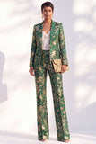 Blue Floral Jacquard Peak Lapel Women Suits with Sleeves