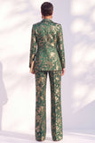 Blue Floral Jacquard Peak Lapel Women Suits with Sleeves