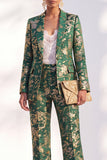 Blue Floral Jacquard Peak Lapel Women Suits with Sleeves