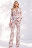 White Purple Floral 2 Piece Wide Leg Women Suits with Sleeves