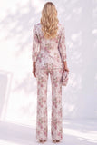 White Purple Floral 2 Piece Wide Leg Women Suits with Sleeves