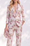 White Purple Floral 2 Piece Wide Leg Women Suits with Sleeves