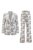 White Purple Floral 2 Piece Wide Leg Women Suits with Sleeves