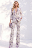 White Purple Floral 2 Piece Wide Leg Women Suits with Sleeves