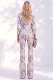 White Purple Floral 2 Piece Wide Leg Women Suits with Sleeves