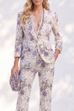 White Purple Floral 2 Piece Wide Leg Women Suits with Sleeves