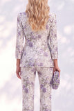 White Purple Floral 2 Piece Wide Leg Women Suits with Sleeves