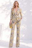 White Purple Floral 2 Piece Wide Leg Women Suits with Sleeves