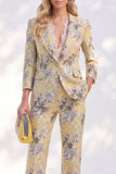 White Purple Floral 2 Piece Wide Leg Women Suits with Sleeves