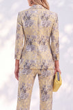 White Purple Floral 2 Piece Wide Leg Women Suits with Sleeves