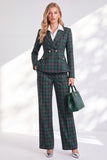 Green Grid Peak Lapel Double Breasted 2 Piece Women Suits with Sleeves