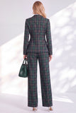 Green Grid Peak Lapel Double Breasted 2 Piece Women Suits with Sleeves