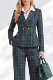 Green Grid Peak Lapel Double Breasted 2 Piece Women Suits with Sleeves