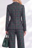Green Grid Peak Lapel Double Breasted 2 Piece Women Suits with Sleeves