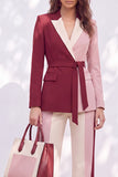 Pink Burgundy 2 Piece Peak Lapel Women Suits with Sash