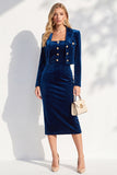 Burgundy Single Breasted Pencil 2 Piece Midi Work Dress with Sleeves