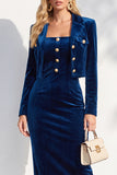 Burgundy Single Breasted Pencil 2 Piece Midi Work Dress with Sleeves