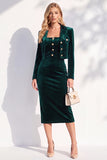 Burgundy Single Breasted Pencil 2 Piece Midi Work Dress with Sleeves