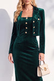 Burgundy Single Breasted Pencil 2 Piece Midi Work Dress with Sleeves