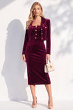 Burgundy Single Breasted Pencil 2 Piece Midi Work Dress with Sleeves