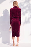 Burgundy Single Breasted Pencil 2 Piece Midi Work Dress with Sleeves
