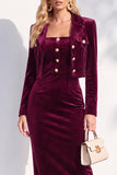 Burgundy Single Breasted Pencil 2 Piece Midi Work Dress with Sleeves