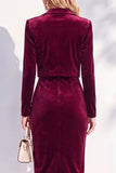 Burgundy Single Breasted Pencil 2 Piece Midi Work Dress with Sleeves