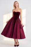 Burgundy Strapless A-Line Corset Midi Work Dress