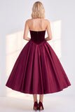 Burgundy Strapless A-Line Corset Midi Work Dress
