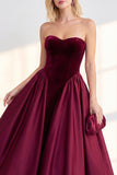 Burgundy Strapless A-Line Corset Midi Work Dress