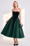 Burgundy Strapless A-Line Corset Midi Work Dress