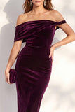 Burgundy Off the Shoulder Pencil Midi Work Dress