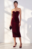 Burgundy Strapless Corset Pencil Midi Work Dress