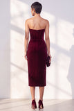 Burgundy Strapless Corset Pencil Midi Work Dress